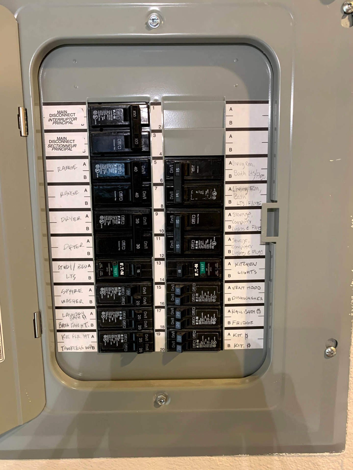 Labeled indoor electrical panel close-up