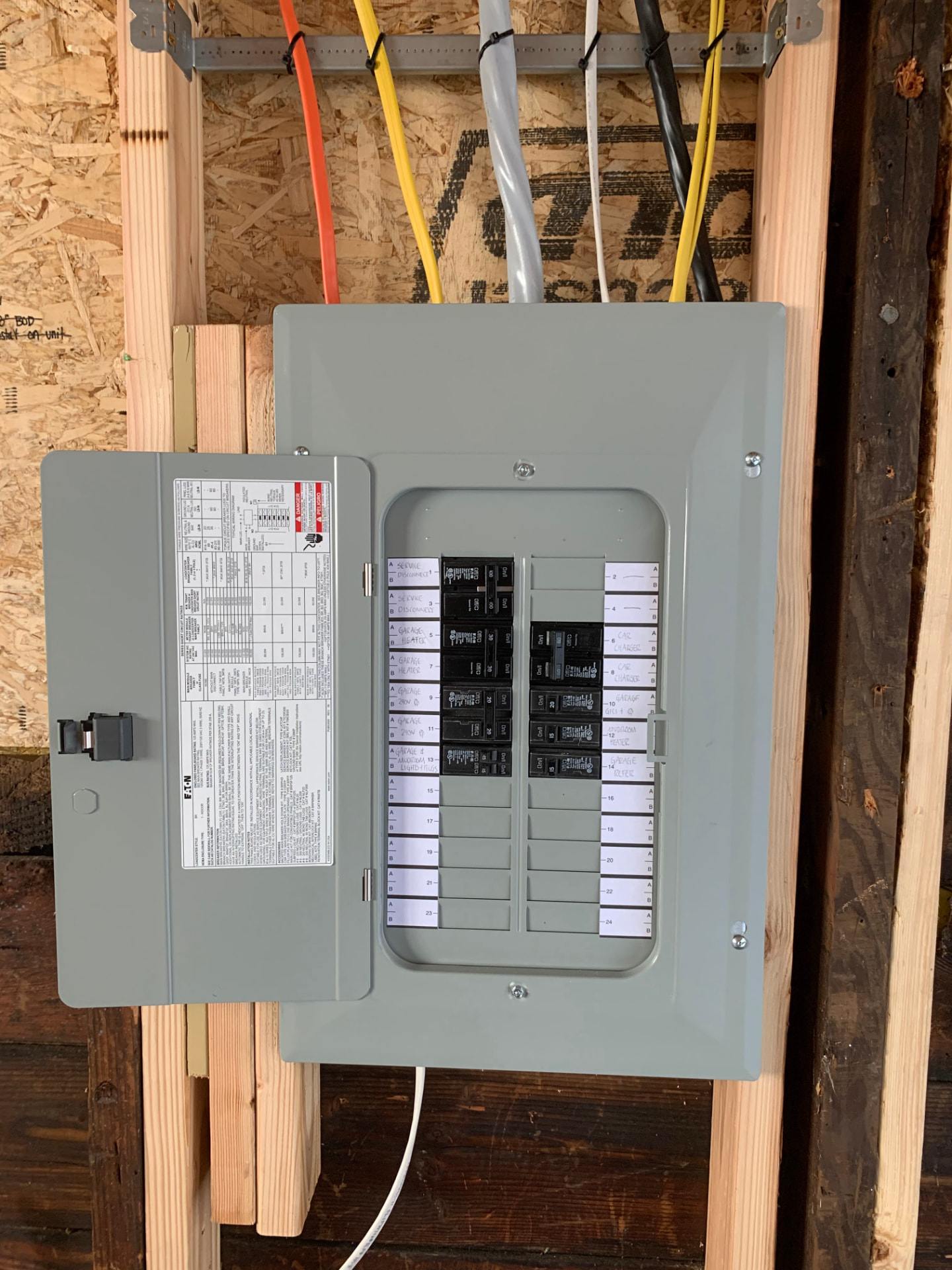 Open circuit breaker panel with neatly labeled breakers